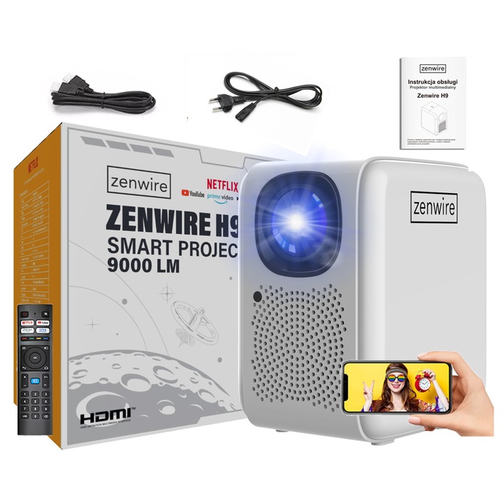 видеопроектор LED Zenwire H9, 4k, 12000lm, 400 Ansi, WiFi 2.4/5 GHZ, Bluetooth 5.1, Miracast, Aircast, smart TV, сертифициран Netflix, Linux