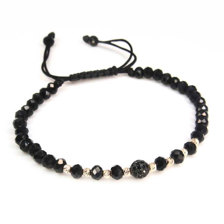 Bratara reglabila cu cristale negre 4 mm si bile aur 14 k de 2.5 mm