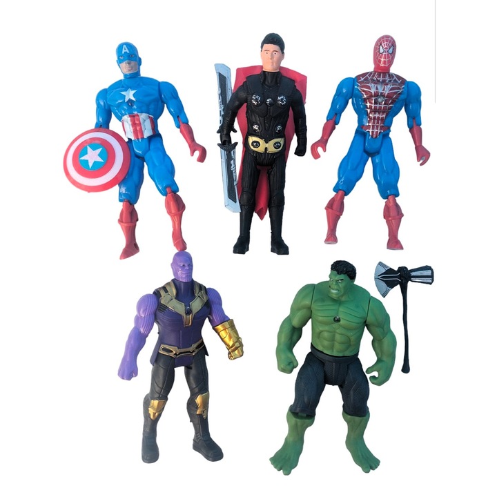 5 db-os Bosszúálló figura készlet LED-del, Amerika Kapitány, Hulk, Pókember, Doktor. Strange, Thanos, 15cm, Tarka