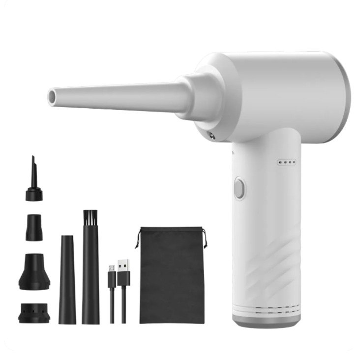 Suflanta aer KINZIR, fara fir, 3 trepte de Viteza, lanterna LED, incarcare USB-C, pentru indepartare praf PC, Obiective camera, Automobil, Aer conditionat, Jaluzele, Tastatura, Imprimanta, alb, 6000 mAh, 90W