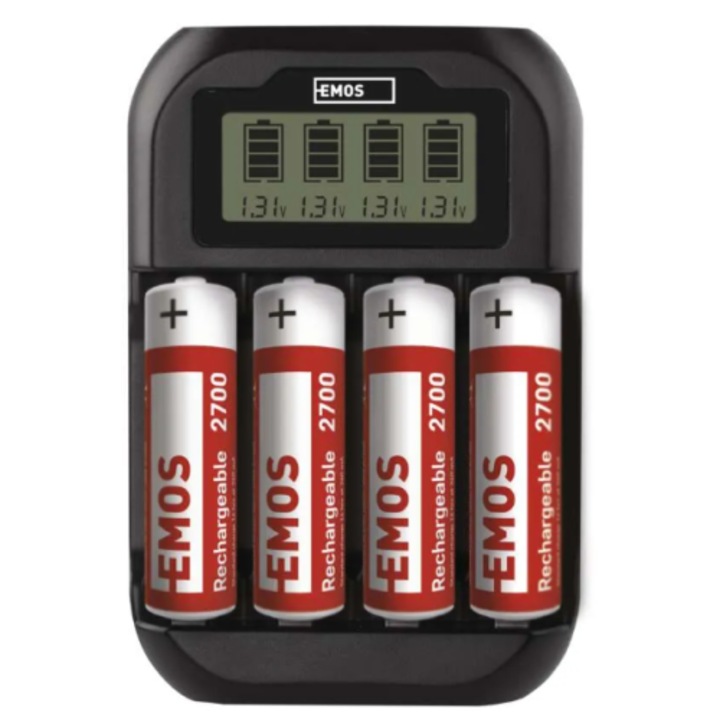 Зарядно за батерии Emos N9331, Черен, 4 бр. AA NiMH 2 700, USB Кабел