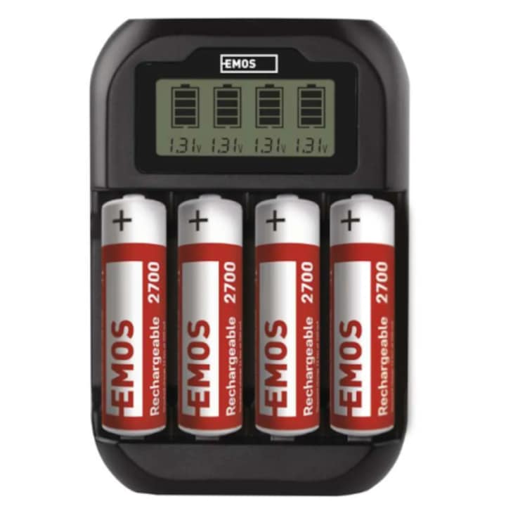 Зарядно за батерии Emos N9331, Черен, 4 бр. AA NiMH 2 700, USB Кабел