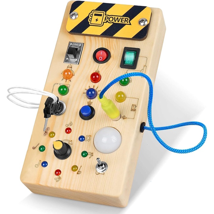 Jucarie Educativa Montessori Busy Board pentru Copii - Tableta din Lemn cu Circuit Luminos - Contine Comutatoare si LED-uri Multicolore - 9 Elemente Senzoriale