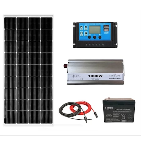 Kit solar fotovoltaic off grid invertor 1000W 12V, panou solar BLUESUN 120W, regulator/ controller 30A, baterie solara 12A AGM si 20 m cablu solar cabana, rulota, casa, autorulota, container, iluminat, Solid Volt