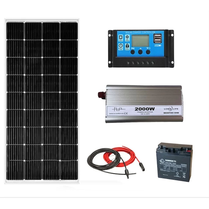 Kit solar fotovoltaic off grid invertor 2000W 12V si 24V, panou solar 50W, regulator/ controller 30A, baterie solara 20Ah AGM si 20 m cablu solar, duce frigider, televizor, becuri pentru cabana, rulota, casa, autorulota, container, iluminat, Solid Volt