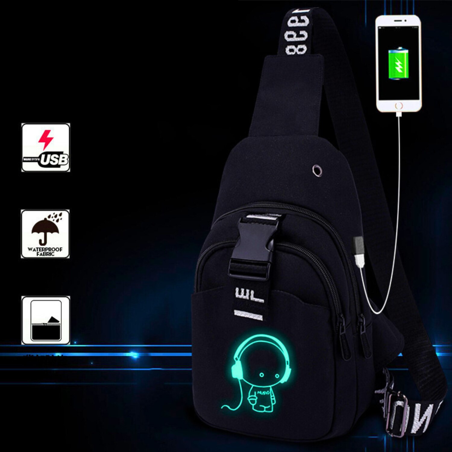 Чанта през рамо, с функция power bank, USB изход, унисекс, с ...