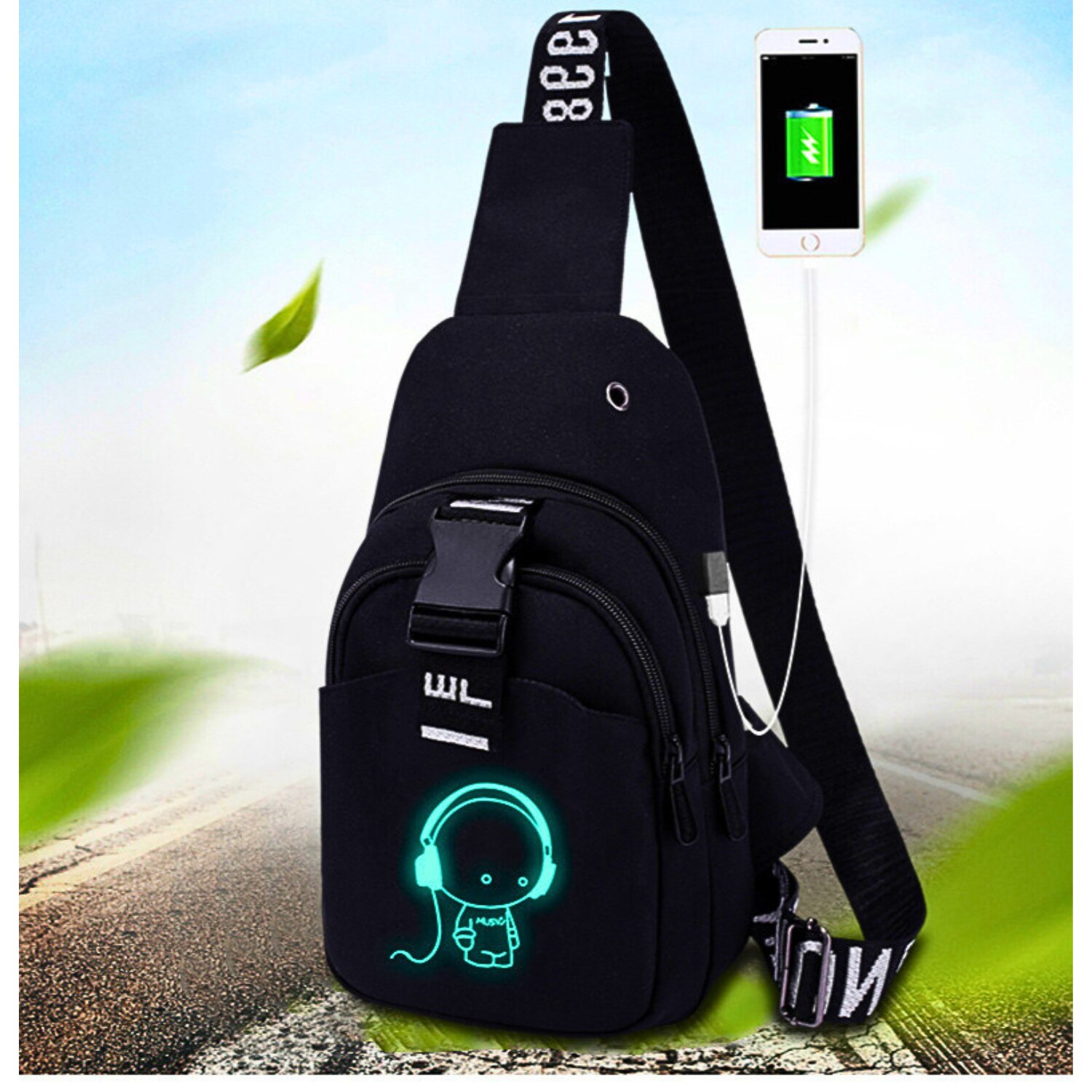 Чанта през рамо, с функция power bank, USB изход, унисекс, с ...