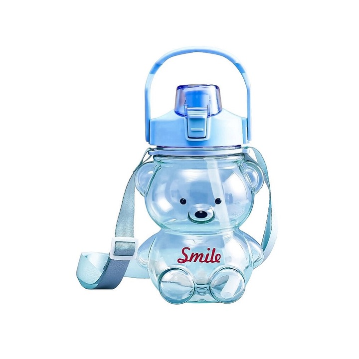 Sticla pentru copii TeddyFriend Doty.ro®, design urs, semi-transparenta, curea pentru transport, pai inclus, portabila, inchidere sigura, baby blue, 800ml