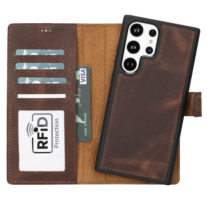 Husa pentru Samsung Galaxy S23 Ultra, Bouletta Magic Wallet, piele naturala 2 in 1, tip portofel, back cover, Antique brown