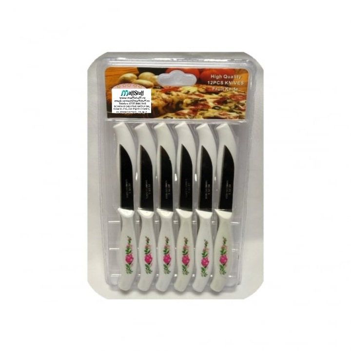 Set 12 Cutite de Bucatarie cu Imprimeu Floral, pentru Decojit, Curatat si Taiat Fructe, Legume, Branza si Cascaval, 16cm, MaffStuff