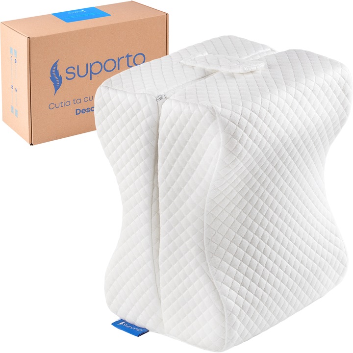 Perna ortopedica pentru picioare si genunchi DUO. Suport pentru dormit din spuma cu memorie, potrivita pentru picioare umflate si varice, Suporto, Alb