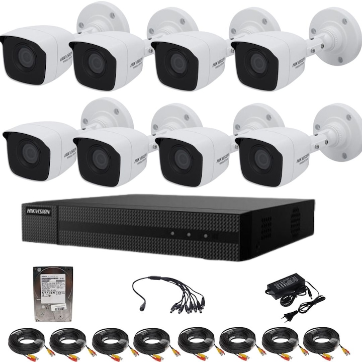 Kit supraveghere video, Full HD, Hikvision, DVR cu 4 camere bullet, smart IR 40m, model SAF-4XFHDIR40ACC-1TBW
