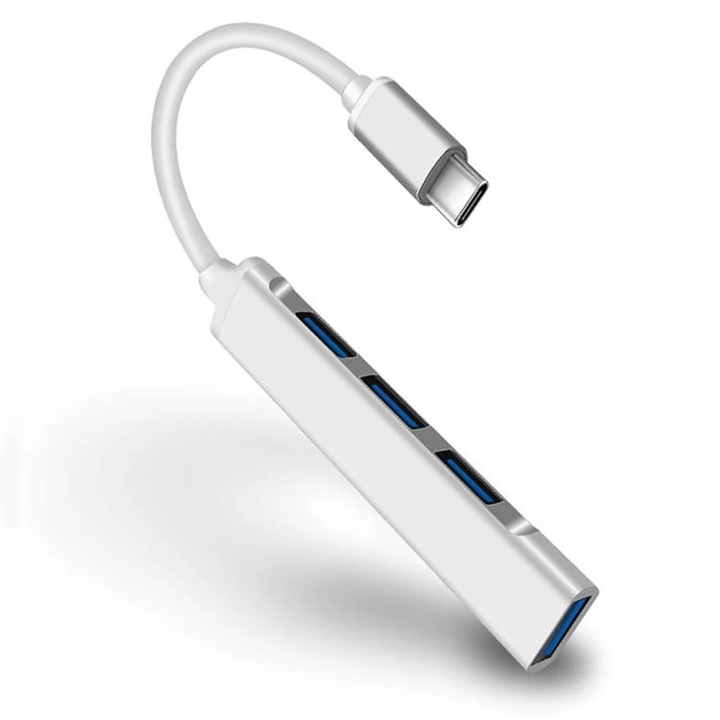 Високоскоростен USB Type-C Хъб 1Tech, Модел Combo 4TC, 4 USB порта, USB 3.0, Сив