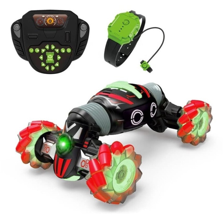 Masinuta controlabila prin gesturi si telecomanda, sunete si lumini, 360 grade, rosu, 35 cm