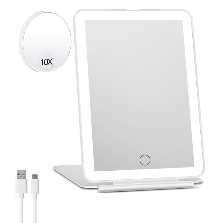 Kozmetikai tükör, Axroad Mall, Állítható intenzitású, 72 LED-es világítás, 3 féle lámpa, Könnyen szállítható, Stabil tartó, Összecsukható kivitel, 5X nagyítású tükörrel, 2000mAh, USB táp, ABS, 20x14x1,5cm, Fehér