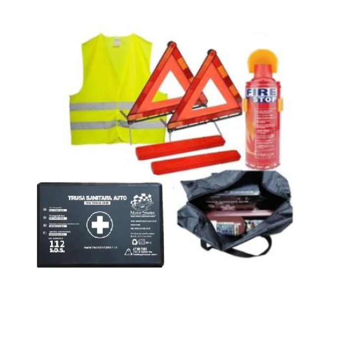Одобрен автомобилен комплект за безопасност, 2 светлоотразителни триъгълника, 1000 ml пожарогасител, DIN13164 комплект за първа помощ, светлоотразителна жилетка, чанта за съхранение