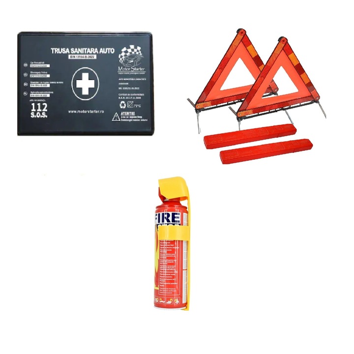 Одобрен комплект за безопасност на автомобила, 1 x 1000 ml спрей тип пожарогасител, 1 x DIN13164 медицински комплект, 2 x светлоотразителен триъгълник