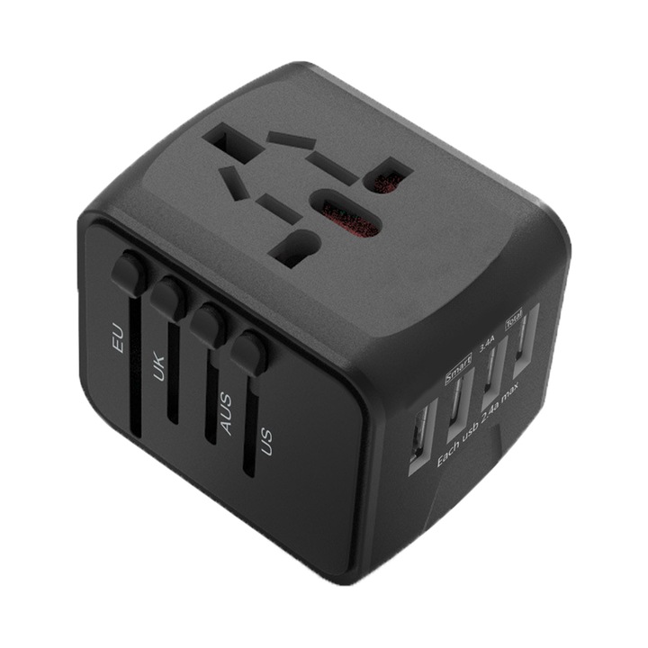 Универсален адаптер за щепсел за пътуване, Sundiguer, 4 x USB, черен