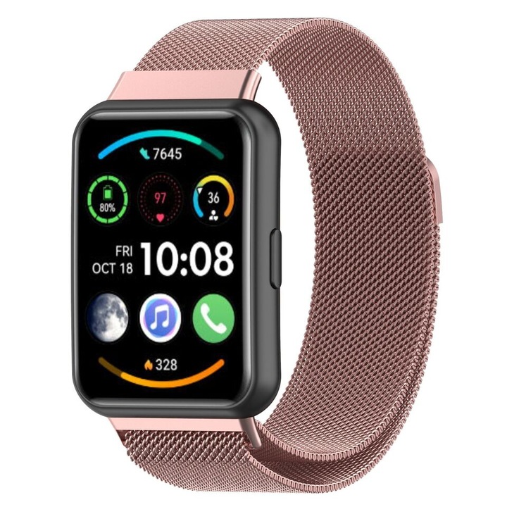 Метална каишка съвместима със смарт часовник Huawei Fit 2, Milanese Loop, Захващане 12мм, Ширина 20мм, Розово Злато