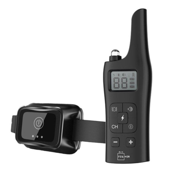 Zgarda electrica reincarcabila pentru dresaj, Felliner, 800m, 4 functii, impuls electrostatic, vibratie, sunet si localizare, rezistenta la ploaie si praf, circumferinta reglabila 21-68 cm, autonomie mare