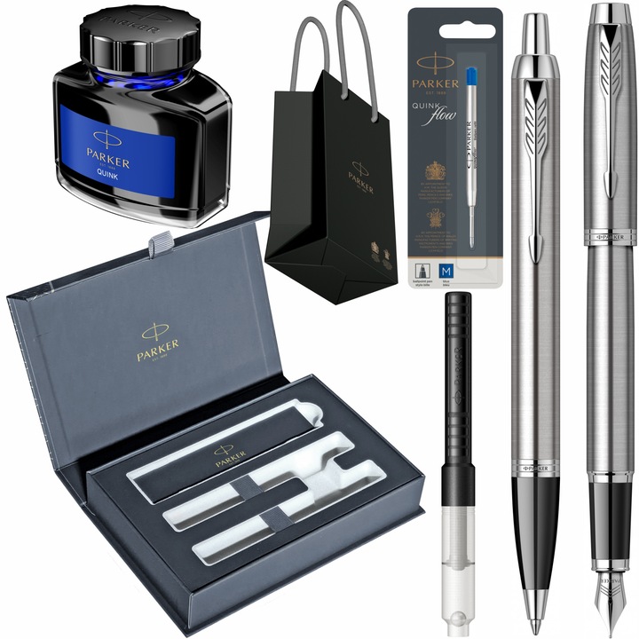 Set Parker Stilou si Pix IM Royal Essential Stainless Steel CT cu gravura, rezerva pix Jumbo Quink Flow albastru, convertor standard, calimara cerneala, cutie duo Royal Collection si punga