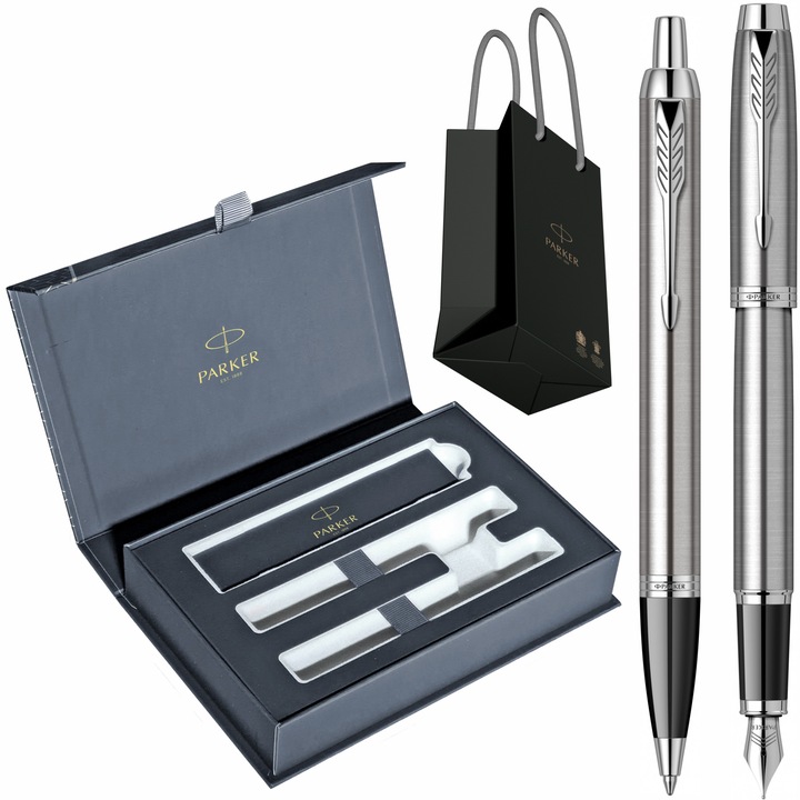 Set Parker Stilou si Pix IM Royal Essential Stainless Steel CT cu gravura, cutie duo Royal Collection si punga
