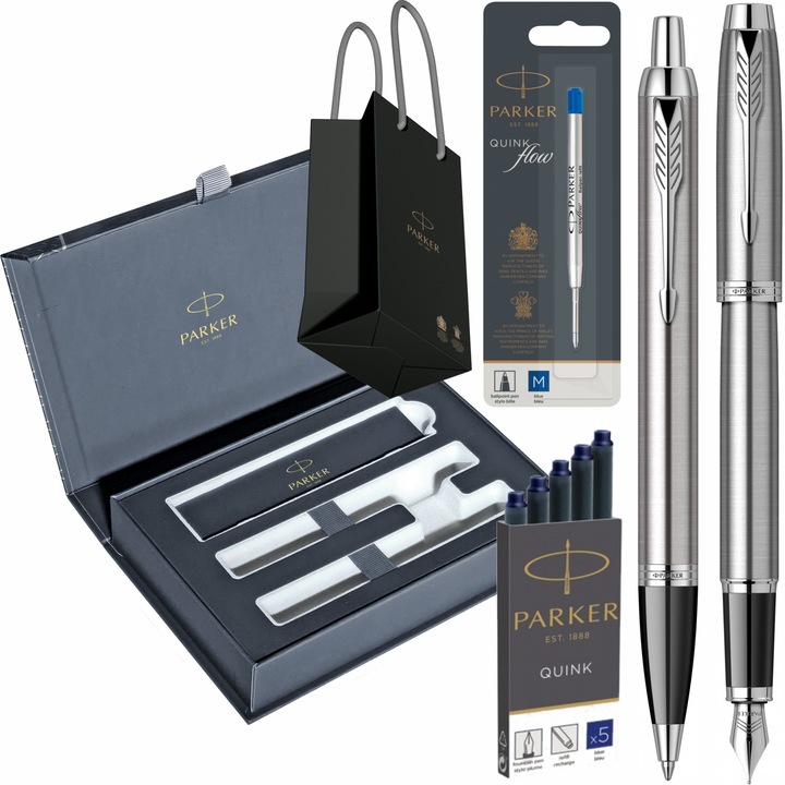 Set Parker Stilou si Pix IM Royal Essential Stainless Steel CT cu gravura, cartuse lungi Parker Quink 5 buc, rezerva pix Jumbo Quink Flow albastru, cutie duo Royal Collection si punga