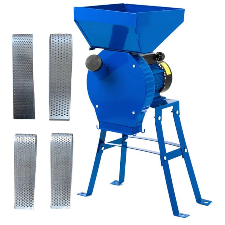 Set moara HEBER® cu suport metalic 2 in 1, 3.9KW, 100% cupru, 300kg/ora, pentru macinat cereale, uruiala, porumb boabe, stiuleti, coceni, butuc cu 20 ciocanele, 4 site