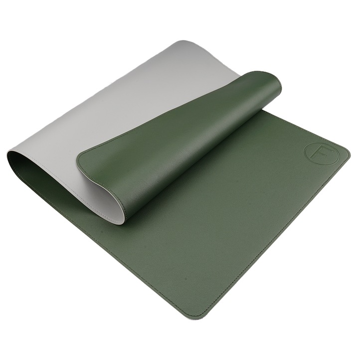 Mousepad XXL pentru protectie birou, din piele pu, impermeabil, cu doua fete Verde/Gri, 80x40cm