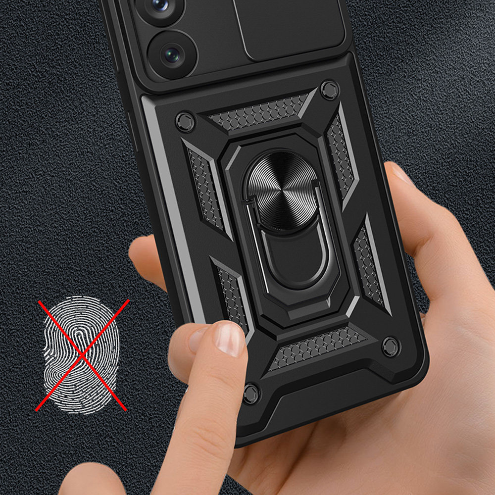 Husa telefon compatibila cu Samsung Galaxy S23 Ultra 5G, protectie camera Slide and Snap Soft Premium, Magnetic Ring Holder, PopGrip, Anti-Shock, Rugged Protection, Negru