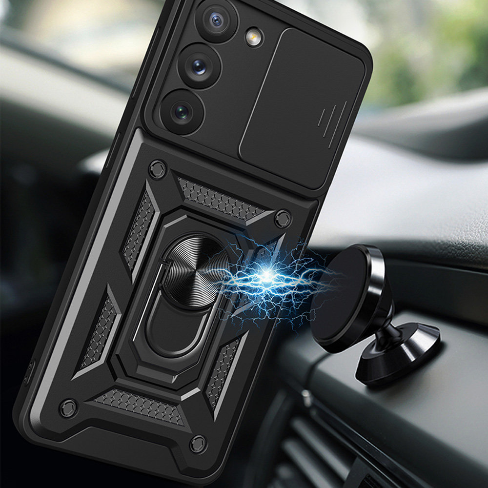 Husa telefon compatibila cu Samsung Galaxy S23 Ultra 5G, protectie camera Slide and Snap Soft Premium, Magnetic Ring Holder, PopGrip, Anti-Shock, Rugged Protection, Negru