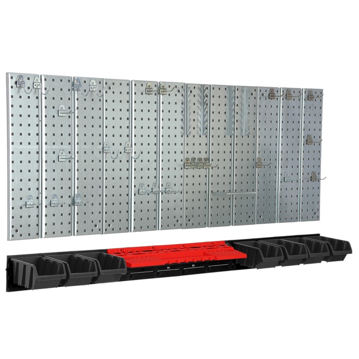 Set organizator perete pentru scule, Botle, Otel, 7 tavi, Gri/Negru