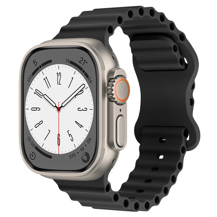 Силиконова каишка LUVLU, съвместима с Apple Watch Ultra/SE/8/7/6/5/4/3/2/1 - Дисплей 42/44/45/49MM затваряне тип пеперуда, регулируема, удобна и лека, Ocean Band, черна