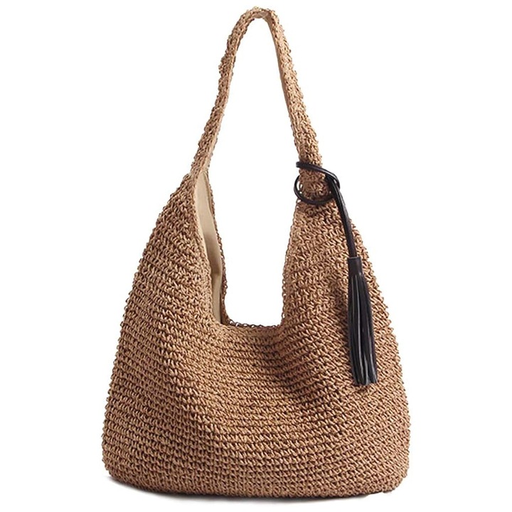 Jormftte szalmatáska, strandtáska, 30x28cm, barna, boho stílusú, szalma fogantyúval és bojtos kulcstartóval.