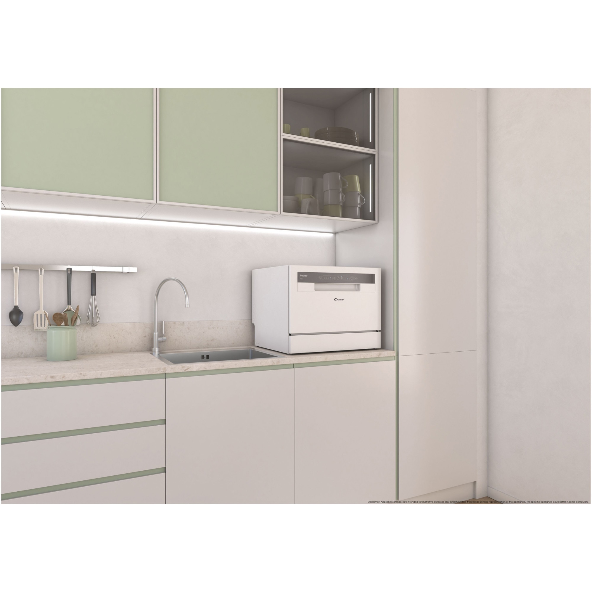 Masina de spalat vase compacta Candy Rapido CP 6E51LW, 6 seturi, 5 programe, Clasa E, Pornire intarziata, Program scurt 35', 55 cm, Alb