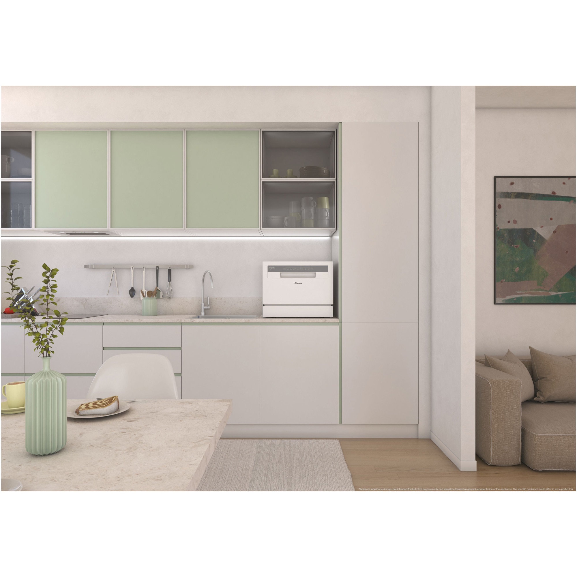 Masina de spalat vase compacta Candy Rapido CP 6E51LW, 6 seturi, 5 programe, Clasa E, Pornire intarziata, Program scurt 35', 55 cm, Alb