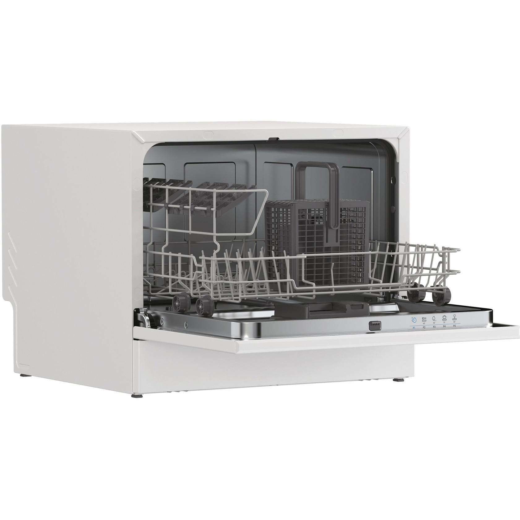 Masina de spalat vase compacta Candy Rapido CP 6E51LW, 6 seturi, 5 programe, Clasa E, Pornire intarziata, Program scurt 35', 55 cm, Alb