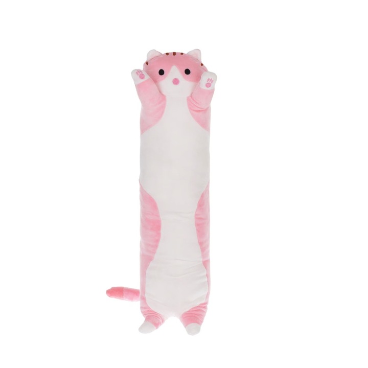 Jucarie pisica plus lunga, tip perna pentru copii si adulti, lungime 50 cm, culoare roz