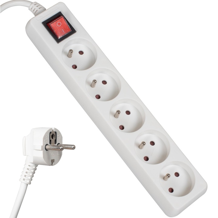 Prelungitor Libox, impamantare, protectie copii, cu intrerupator, IP20, 5 prize, 3m, Alb