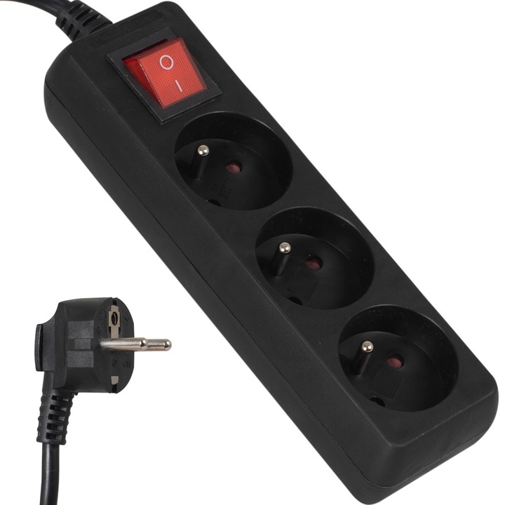 Удължител Libox, заземяване, защита от деца, с превключвател, IP20, 3 гнезда, 1,5 м, черен