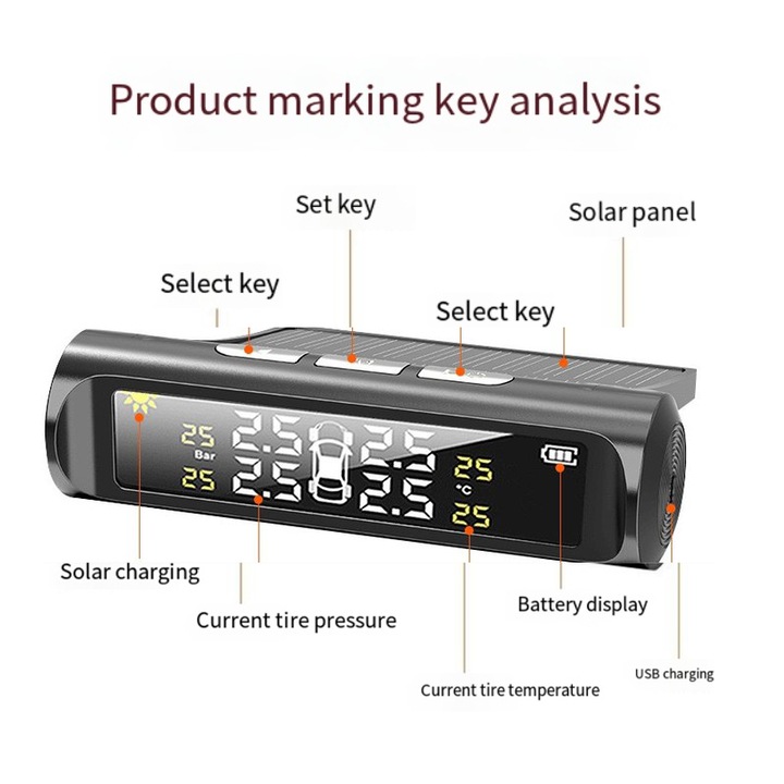 Sistem de monitorizare a presiunii in anvelope, Incarcare solara, LCD, Negru