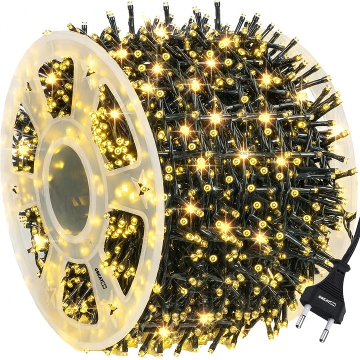 Instalatie de Craciun GREATON Tip Rola, Liniara, 8 Moduri De Lumina, Culoare LED Alb Cald, Lungime 100m