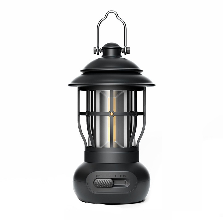 Lampa portabila tip felinar pentru camping, casa sau curte NEXTLY, reincarcabila, Metal,360°, Negru