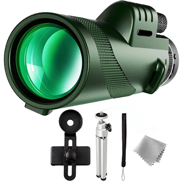 Monoclu Telescop profesional idepet®, HD 80x100 Prisma BaK-4 Dual Focus cu Suport Pentru Smartphone Si trepied telescopic, Army Green
