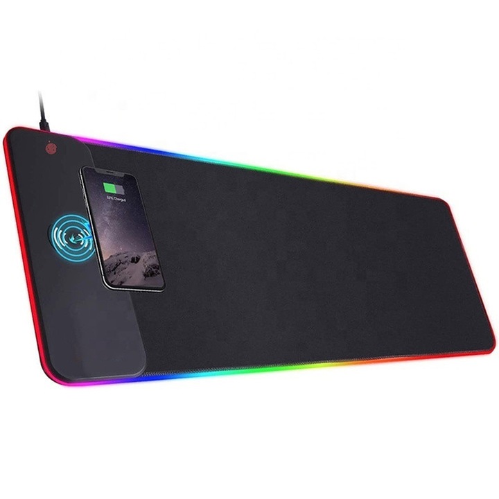 Mouse-pad pentru gaming cu incarcare fara fir NovaGlow QI, 10 tipuri de iluminare RGB, USB, anti-uzura, functie de memorie, 15W, anti-alunecare, rezistent la apa, 800x300x4mm, negru