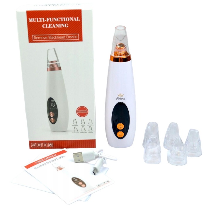 Aspirator pentru puncte negre, Korona, LCD, 3 trepte, 6 capete, Alb