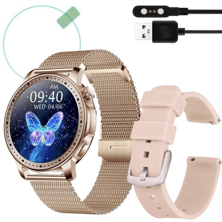 Smartwatch ASON™️, AMOLED екран Bluetooth разговор, Multi-Sport, Multi-Point, сърдечен ритъм, напрежение, кислород, метален корпус, 2 гривни и защитен филм включени, златист