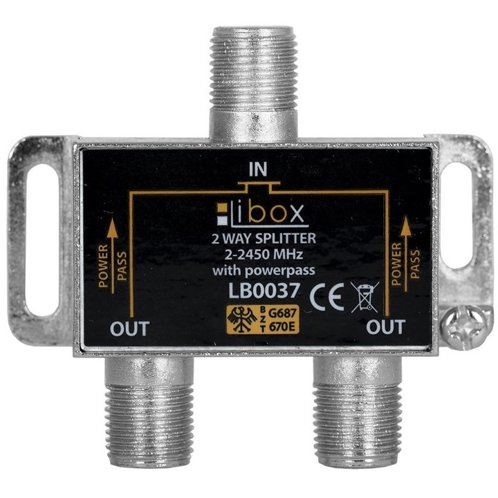 Splitter TV pentru cablu coaxial LB0037 Libox, 2 Iesiri, 2-2450 MHz, PowerPass, Negru