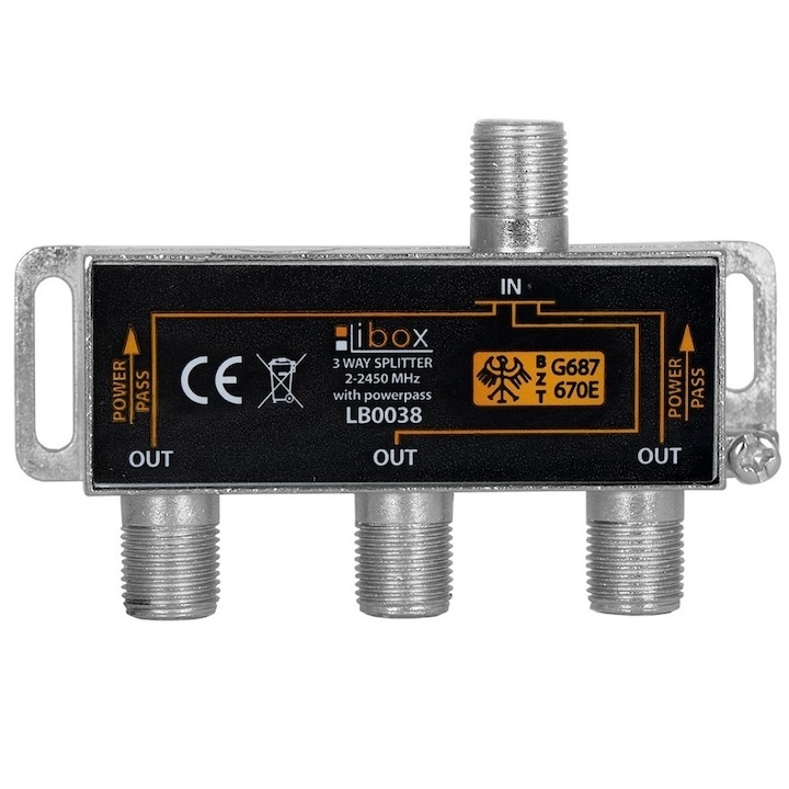 Splitter TV pentru cablu coaxial LB0038 Libox, 3 Iesiri, 2-2450 MHz, PowerPass, Negru