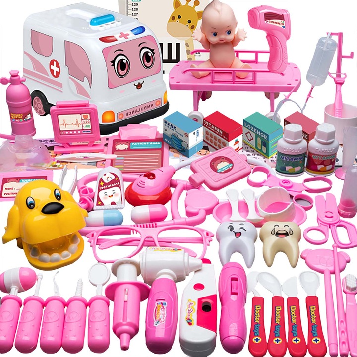Set doctor pentru copii, 73 piese, plastic, include accesorii dentare asortate, papusa, termometru, stetoscop, seringa, matrite dentare, 3+ ani, multicolor
